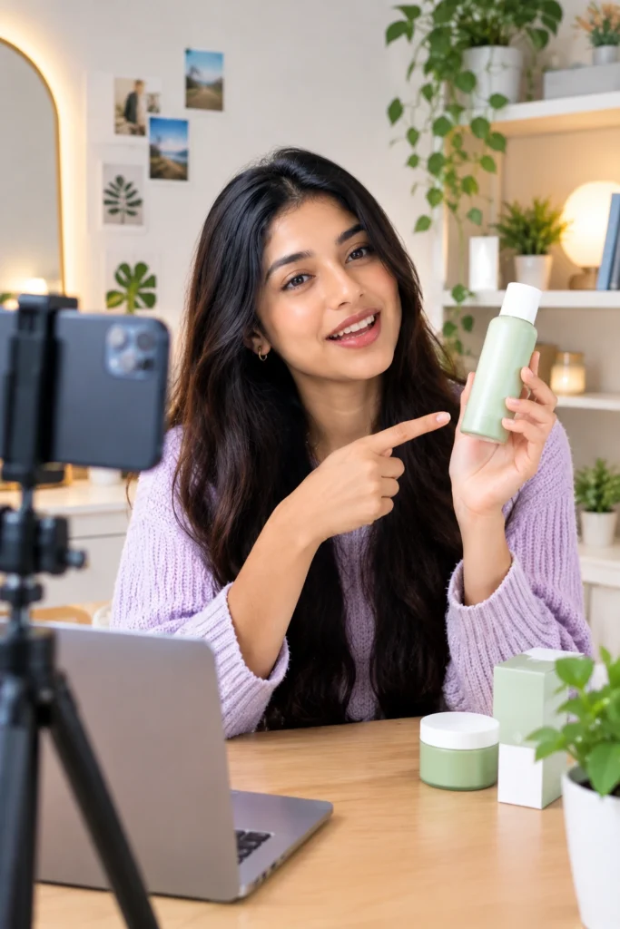 UGC creator presenting a product for a video ad